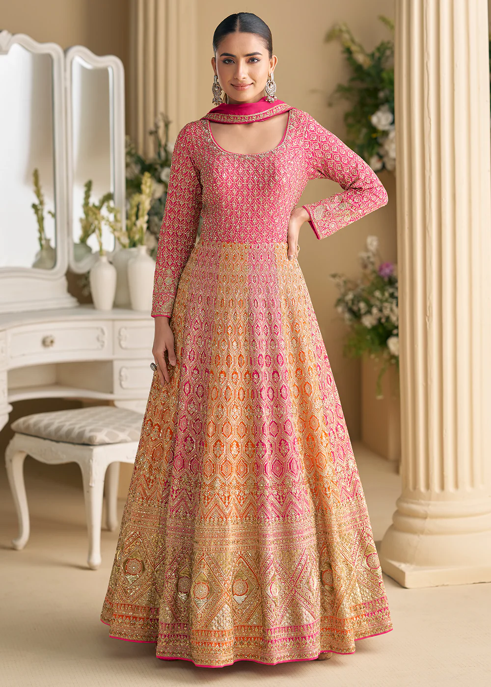Pink & Orange Premium Georgette Festive Anarkali Gown