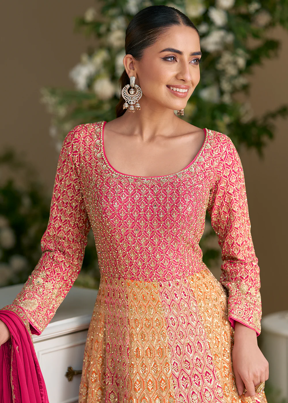 Pink & Orange Premium Georgette Festive Anarkali Gown - Image 2