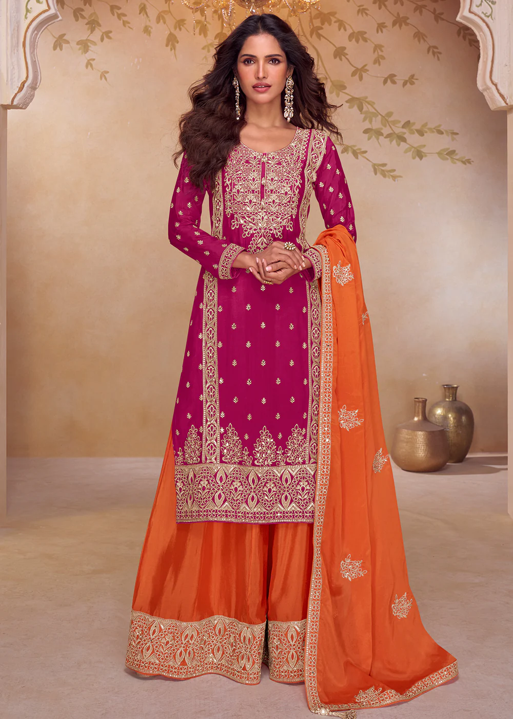 Pink & Orange Real Chinnon Embroidered Palazzo Suit