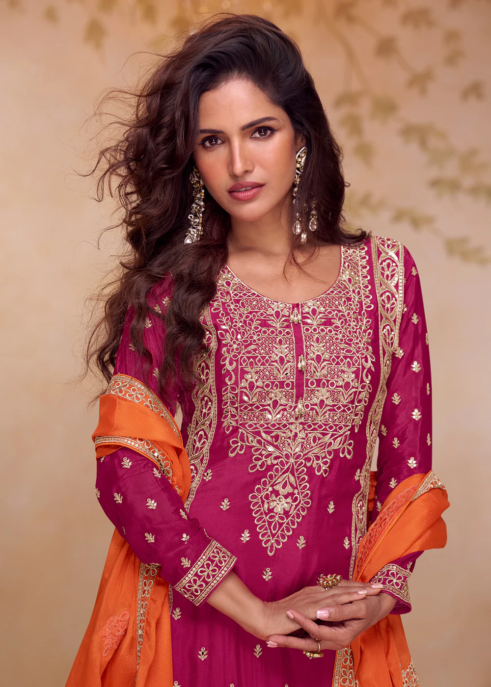 Pink & Orange Real Chinnon Embroidered Palazzo Suit - Image 2
