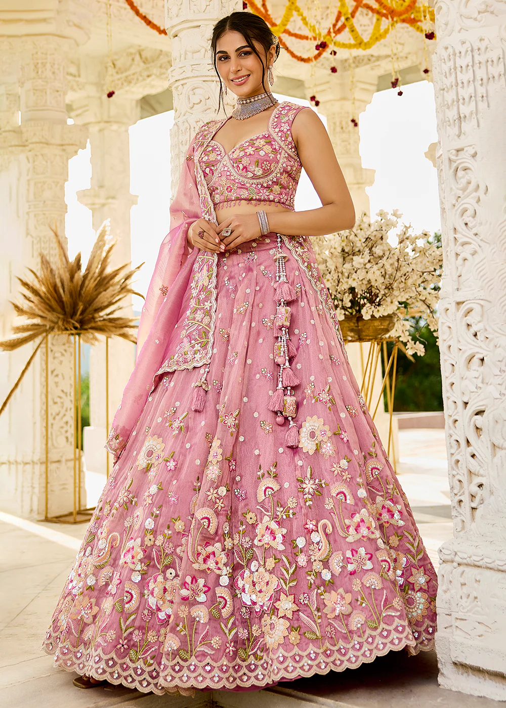 Pink Organza Beads & Sequins Wedding Lehenga Choli