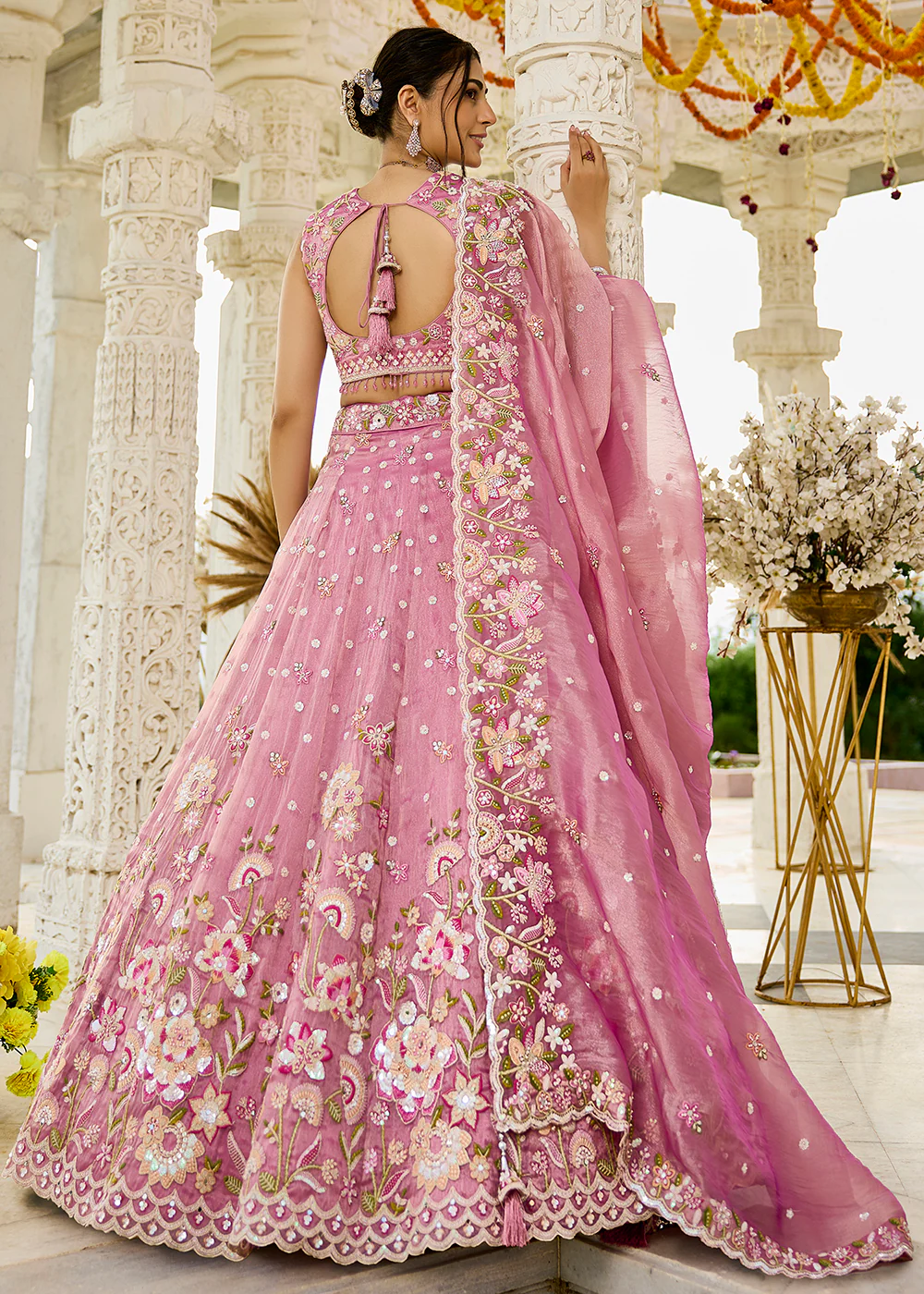 Pink Organza Beads & Sequins Wedding Lehenga Choli - Image 3