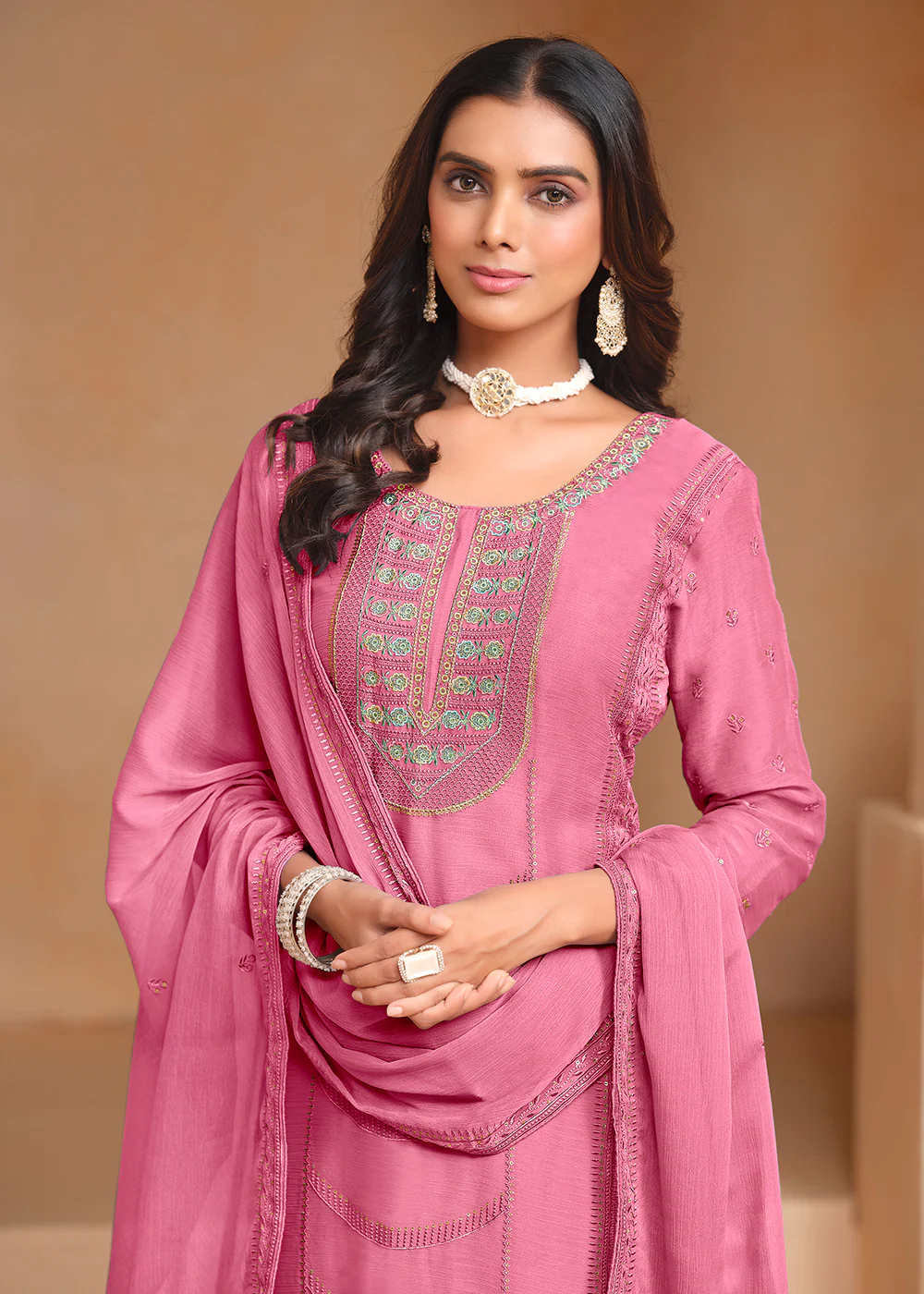 Pink Organza Chiffon Embroidered Festive Salwar Suit - Image 2