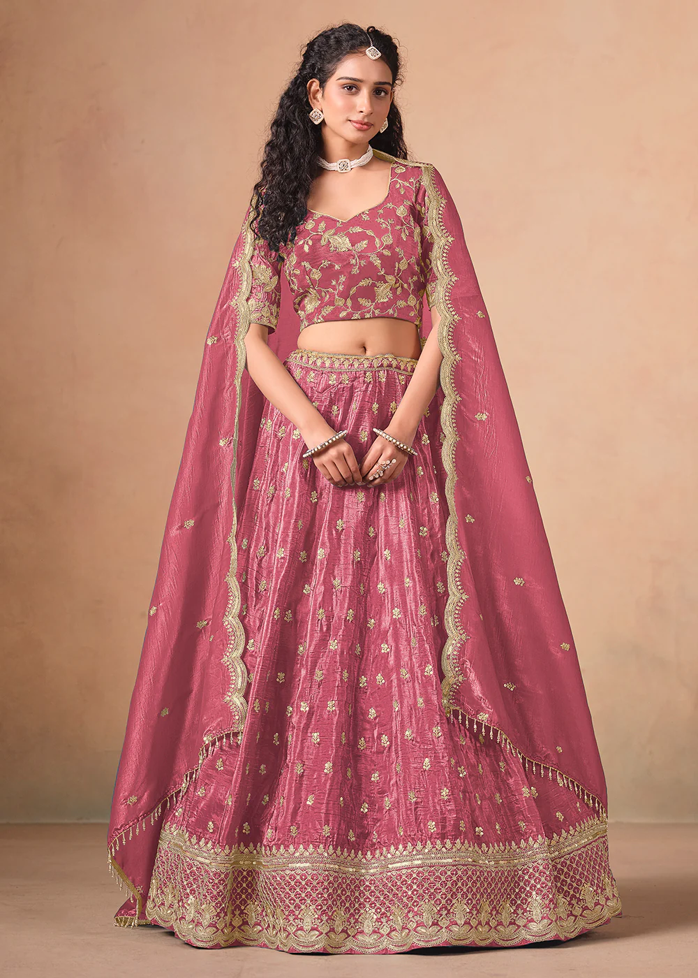 Pink Organza Crushed Embroidered Lehenga Choli