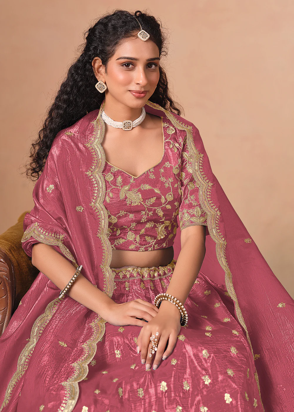 Pink Organza Crushed Embroidered Lehenga Choli - Image 2