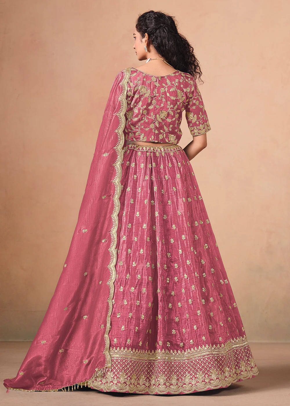 Pink Organza Crushed Embroidered Lehenga Choli - Image 3