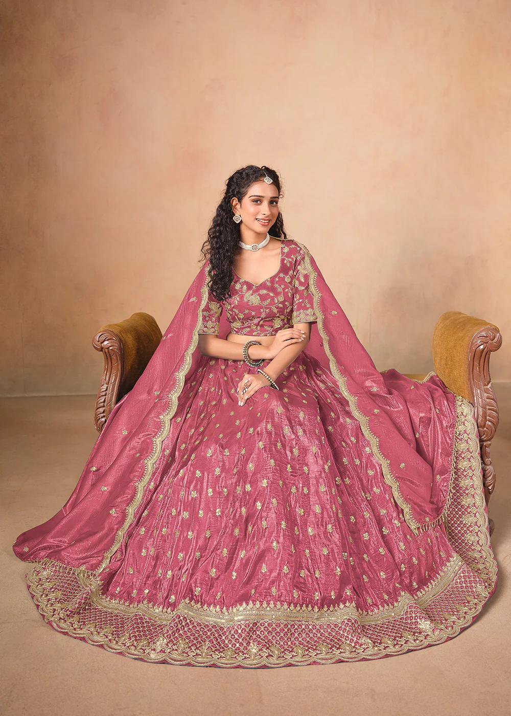 Pink Organza Crushed Embroidered Lehenga Choli - Image 4
