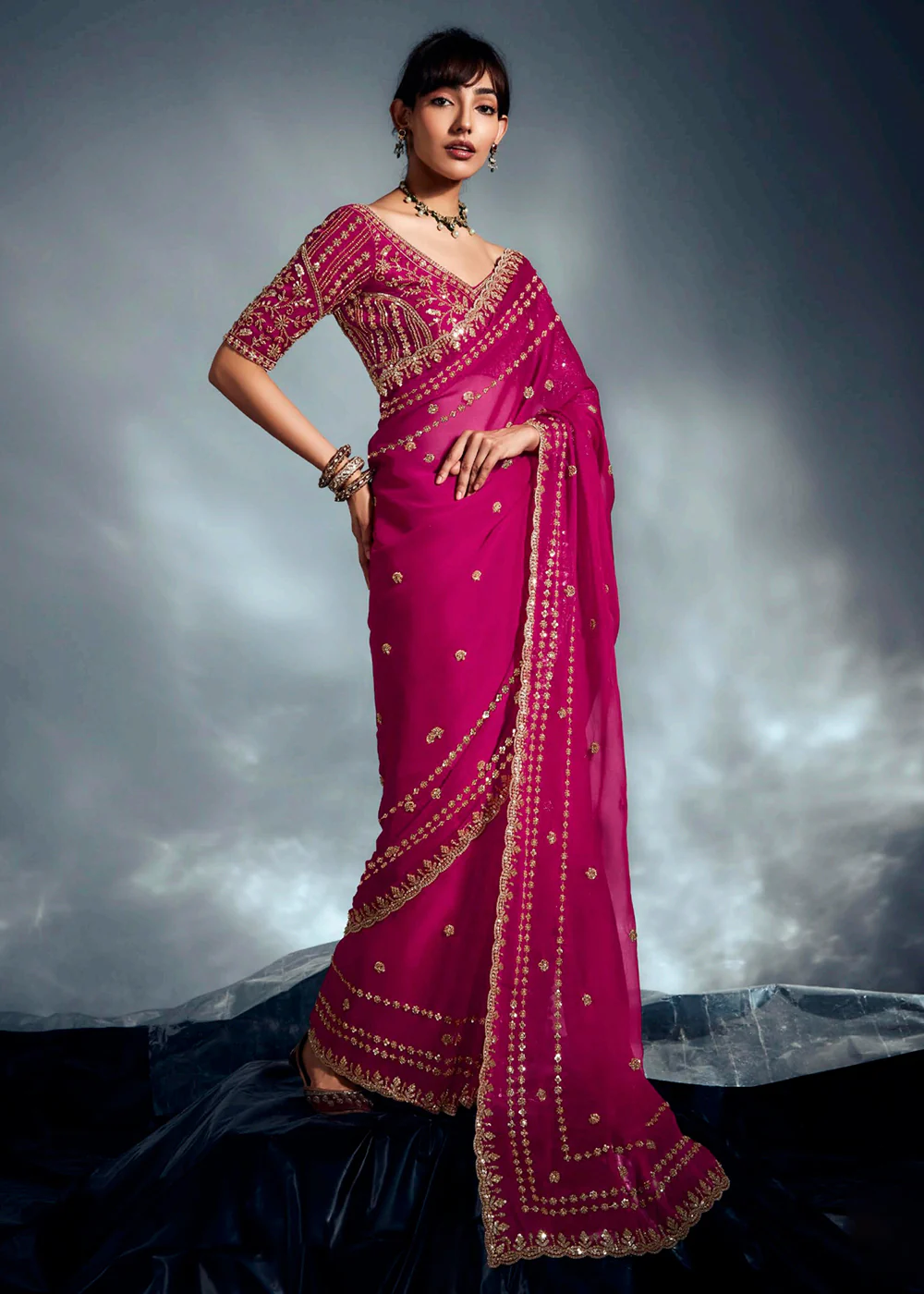 Pink Organza Khatli Work Designer Party Saree