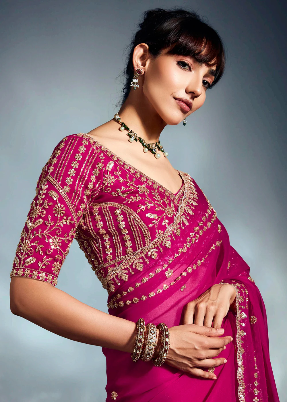 Pink Organza Khatli Work Designer Party Saree - Image 2