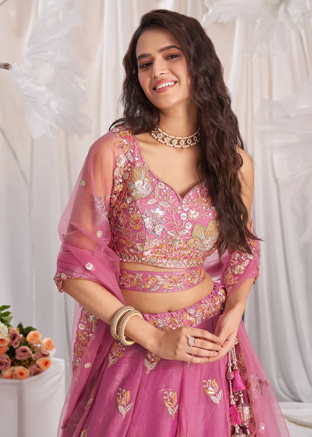 Pink Organza Multi Sequinned Wedding Lehenga Choli - Image 2