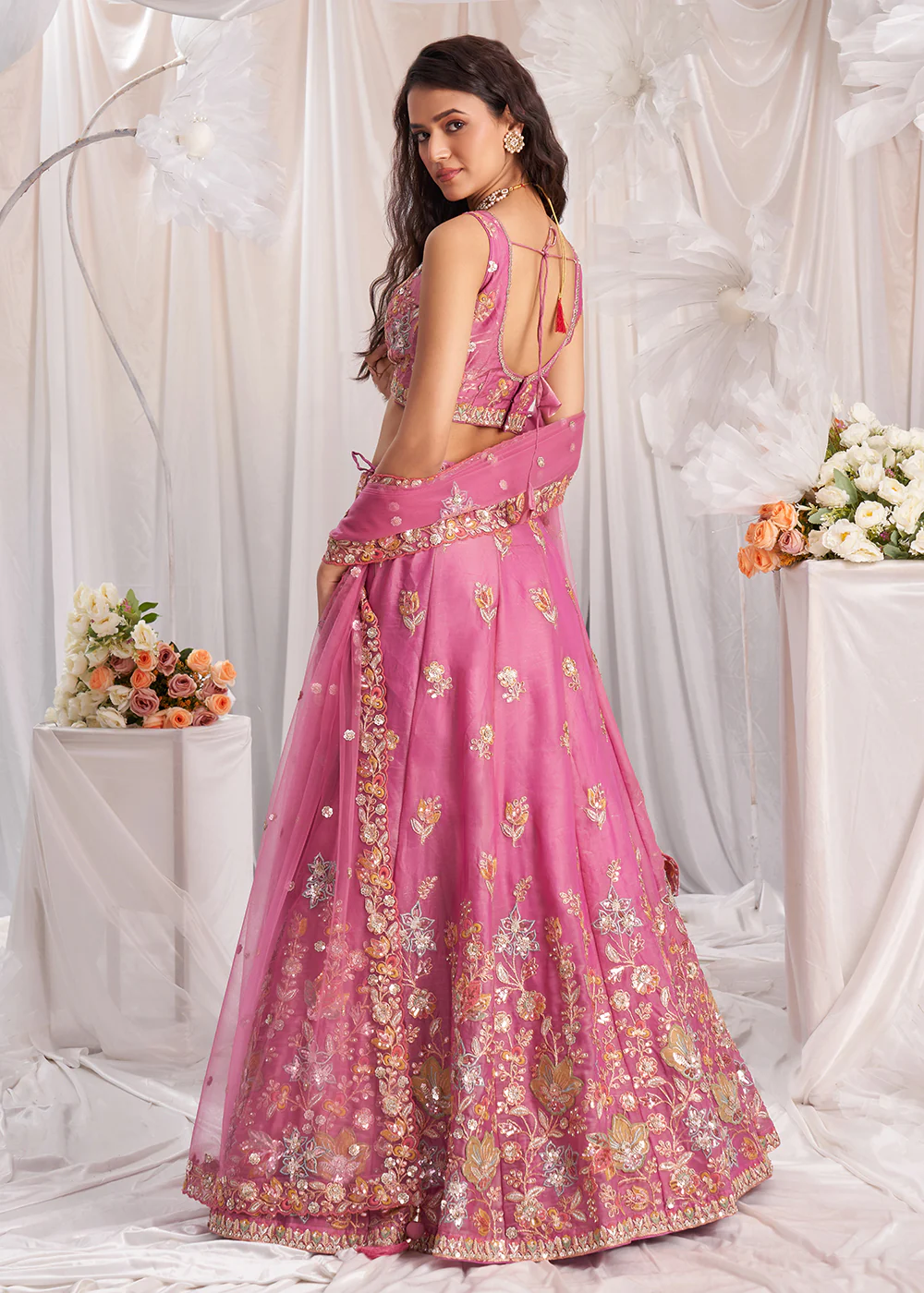 Pink Organza Multi Sequinned Wedding Lehenga Choli - Image 3