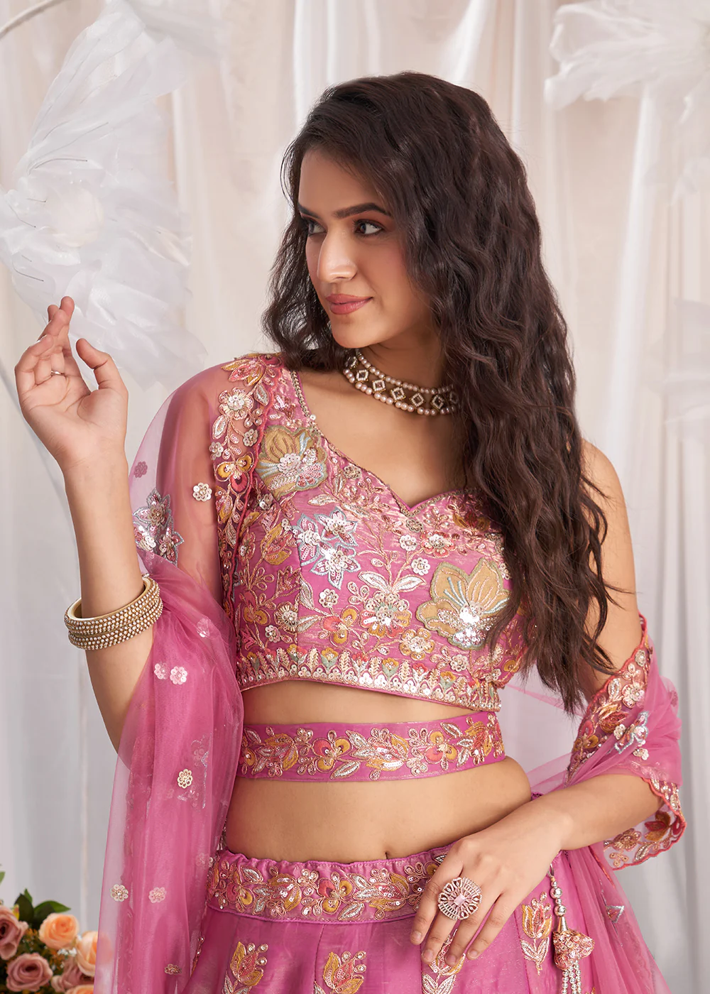 Pink Organza Multi Sequinned Wedding Lehenga Choli - Image 4
