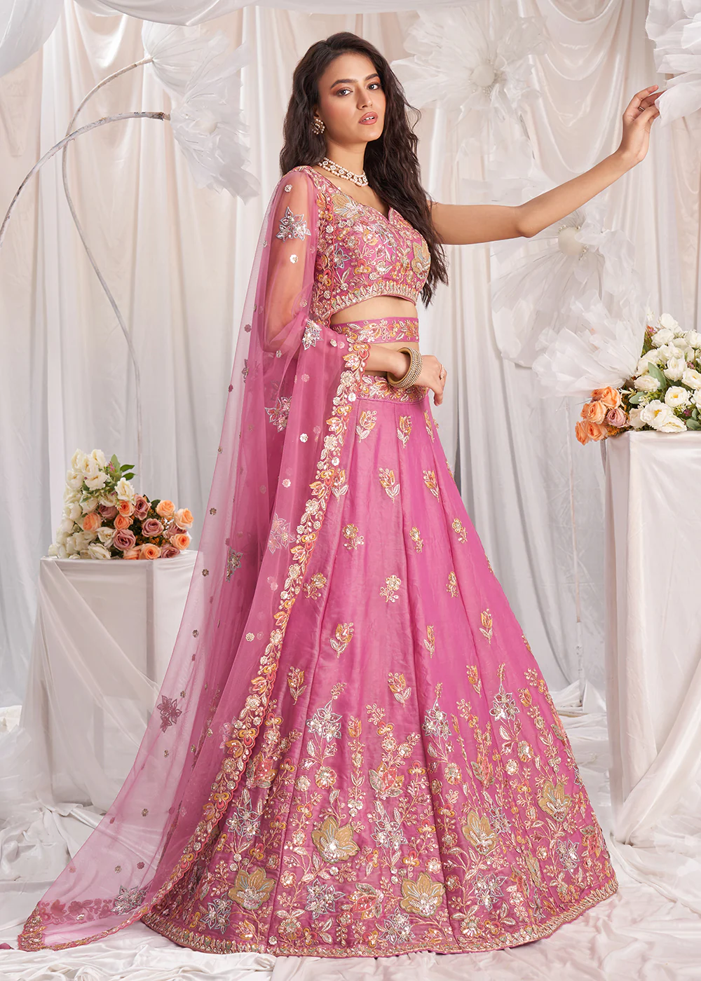 Pink Organza Multi Sequinned Wedding Lehenga Choli - Image 5