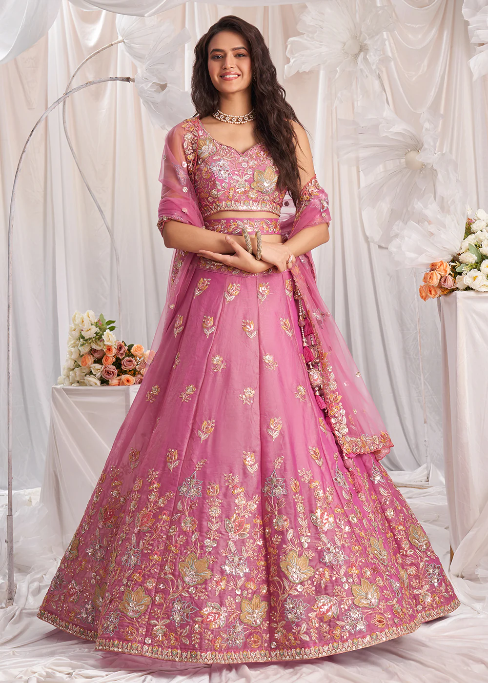 Pink Organza Multi Sequinned Wedding Lehenga Choli - Image 6