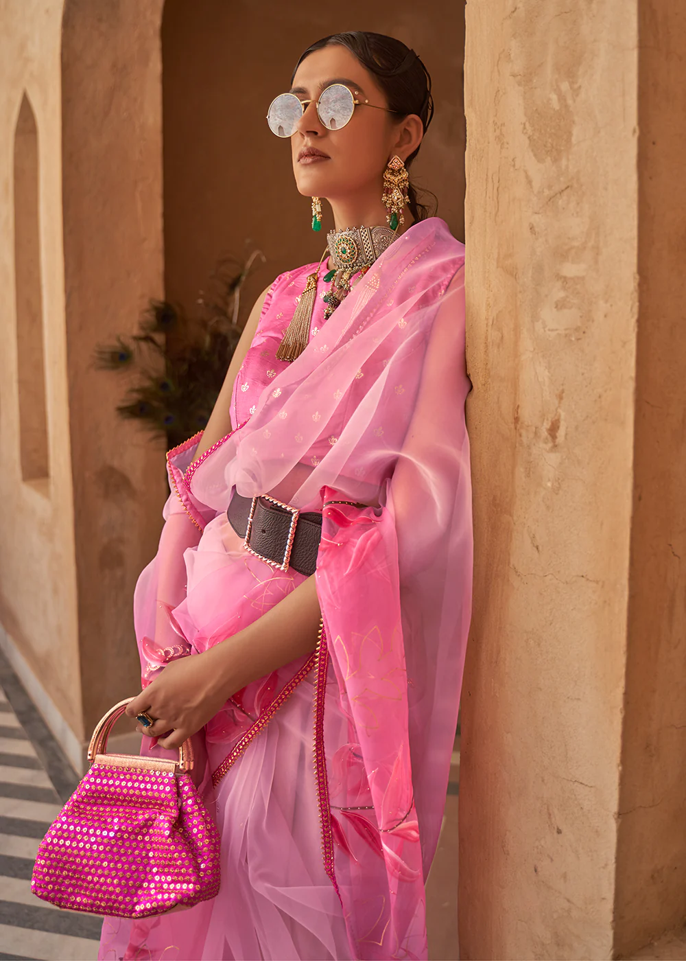 Pink Organza Net Printed Embroidered Classic Indian Saree - Image 2