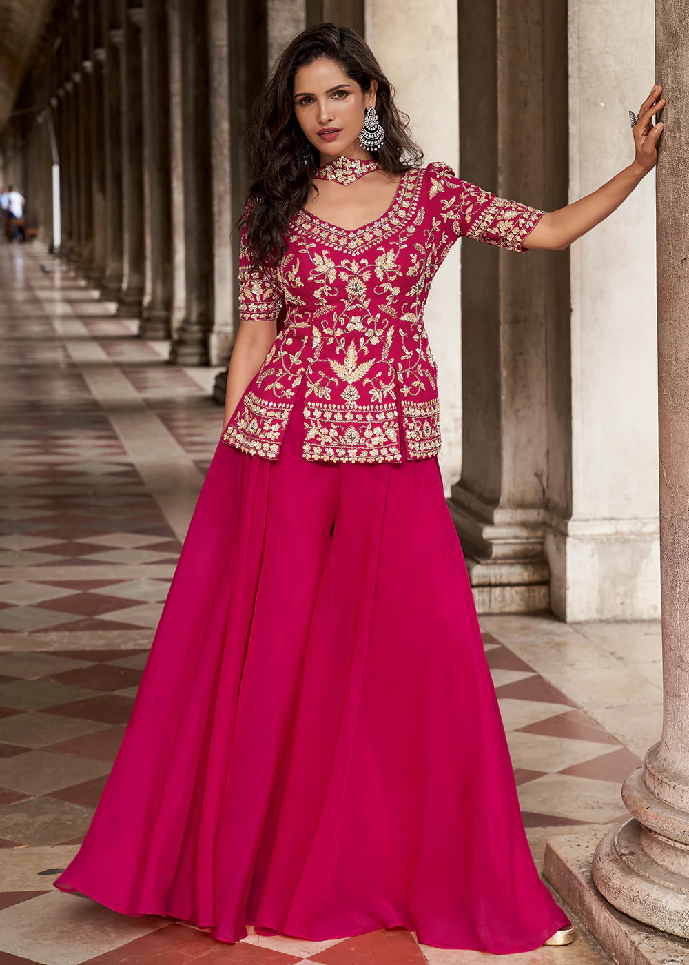 Pink Organza Silk Short Kurti Style Palazzo Suit