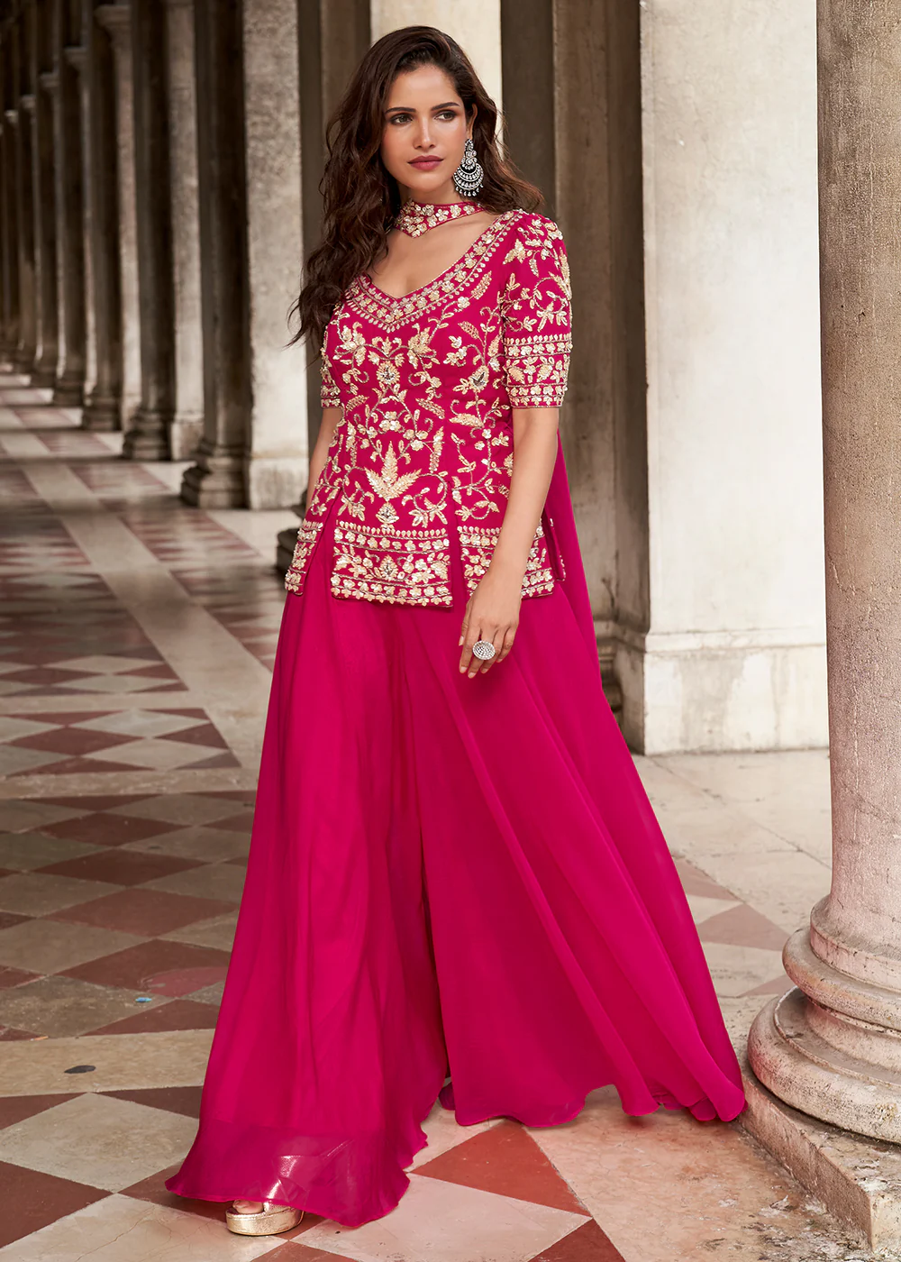 Pink Organza Silk Short Kurti Style Palazzo Suit - Image 4