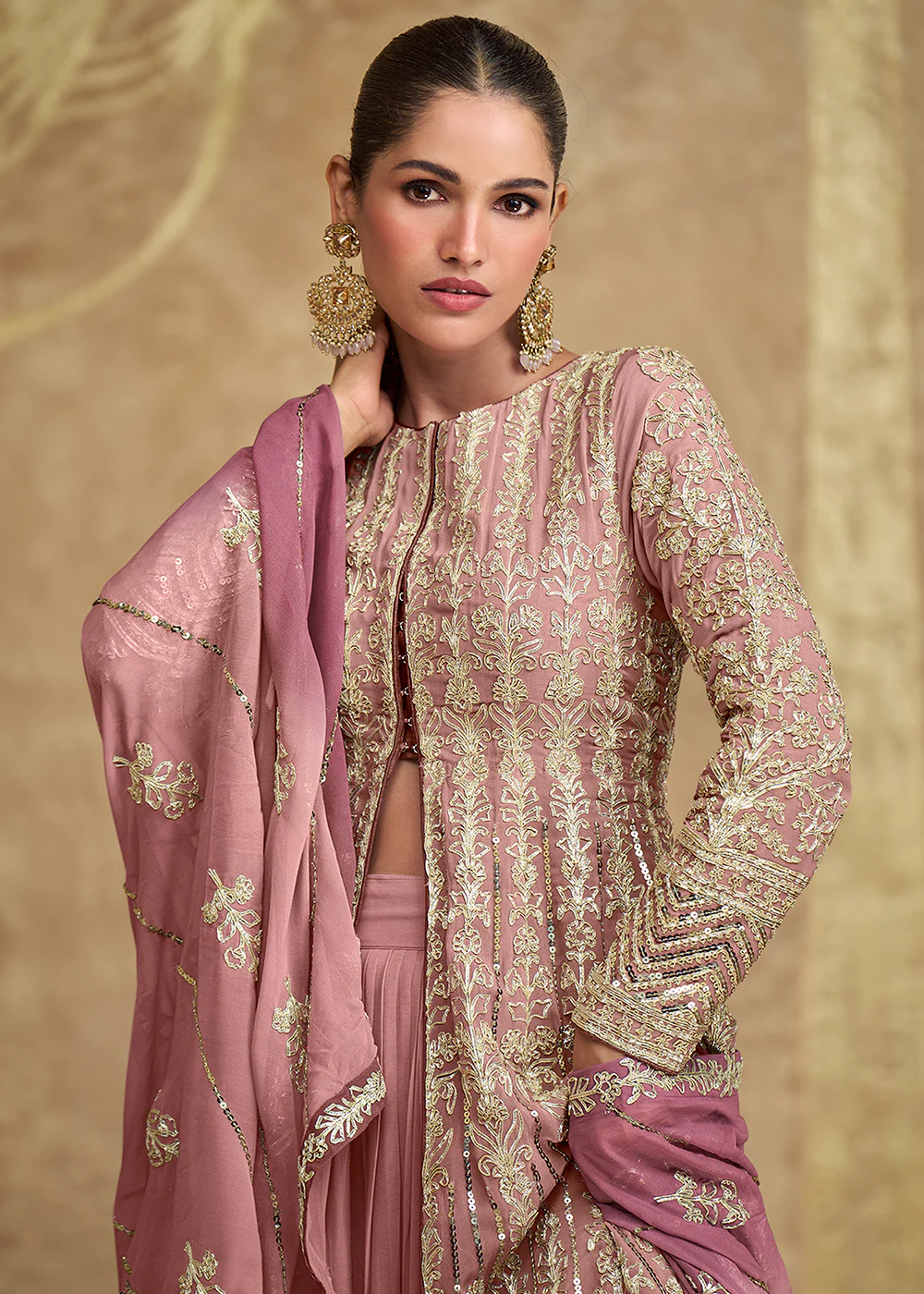 Pink & Peach Ombre Slit Georgette Skirt Style Anakali Suit - Image 2