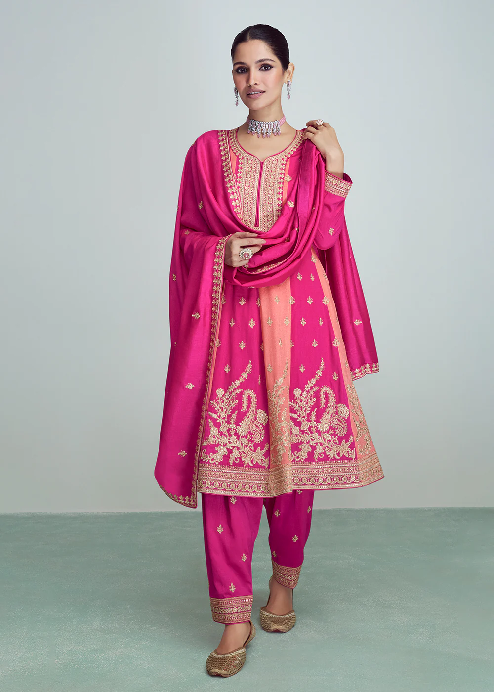 Pink & Peach Silk Embroidered Peplum Punjabi Style Suit - Image 3