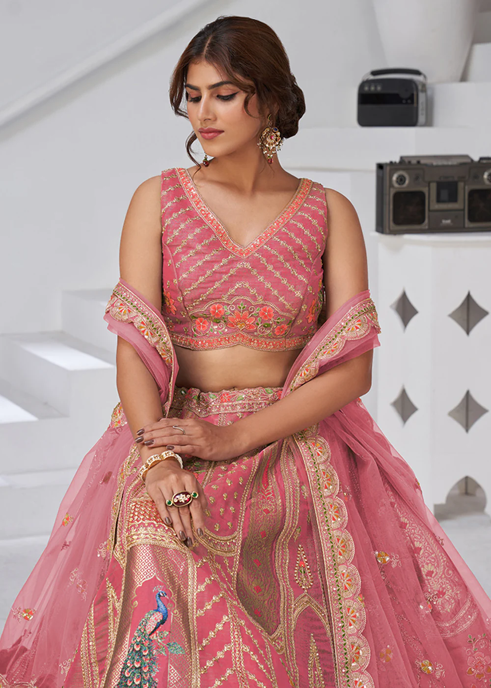 Pink Peacock Feather Motifs Traditional Lehenga Choli - Image 2