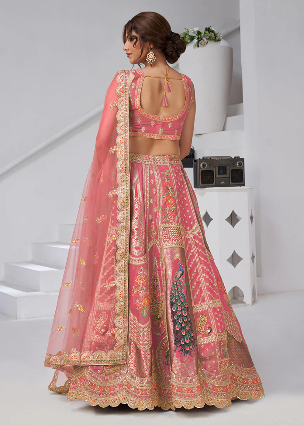 Pink Peacock Feather Motifs Traditional Lehenga Choli - Image 3