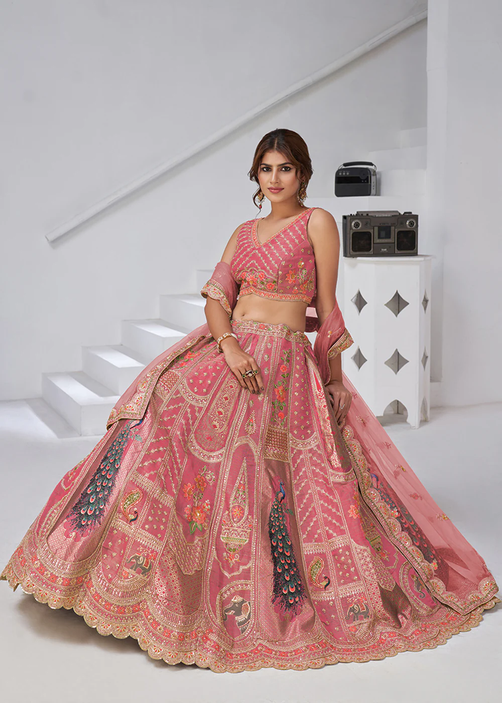 Pink Peacock Feather Motifs Traditional Lehenga Choli - Image 4