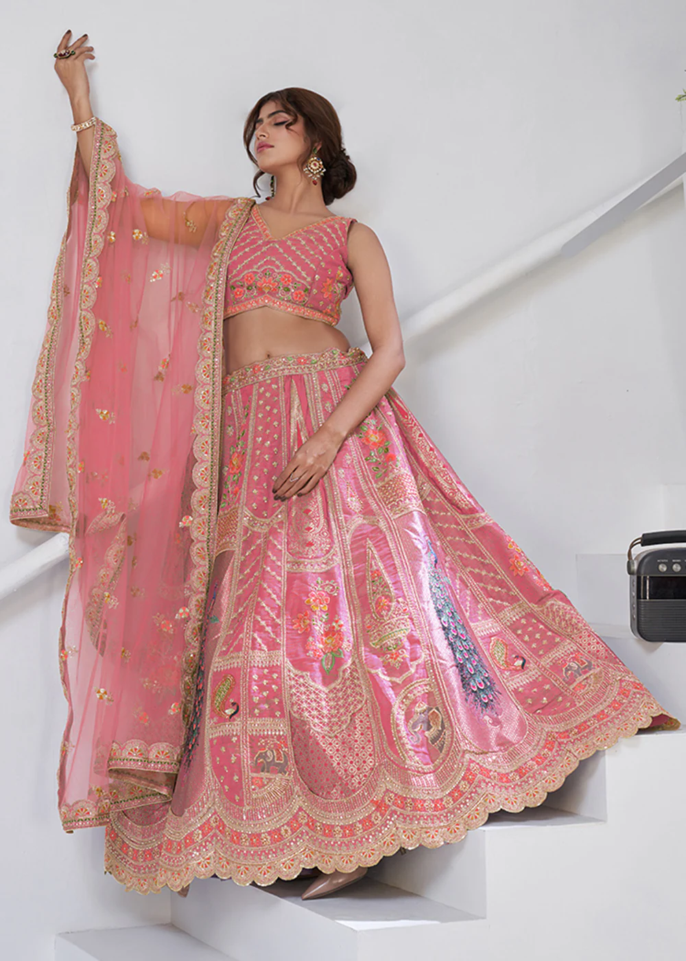 Pink Peacock Feather Motifs Traditional Lehenga Choli - Image 5