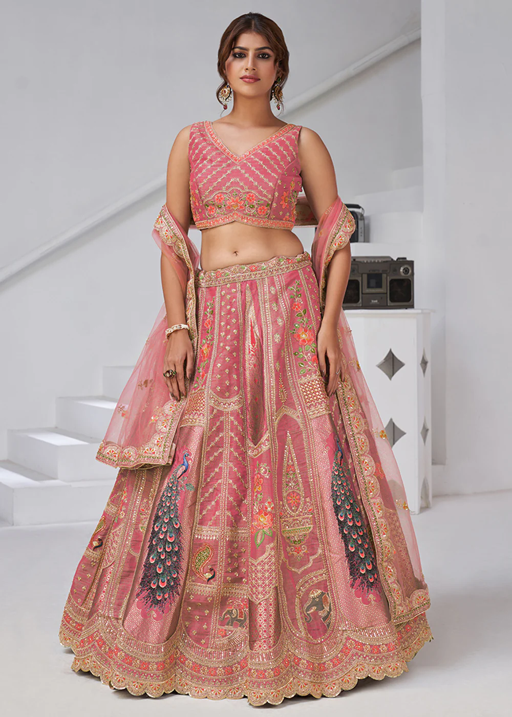 Pink Peacock Feather Motifs Traditional Lehenga Choli - Image 6