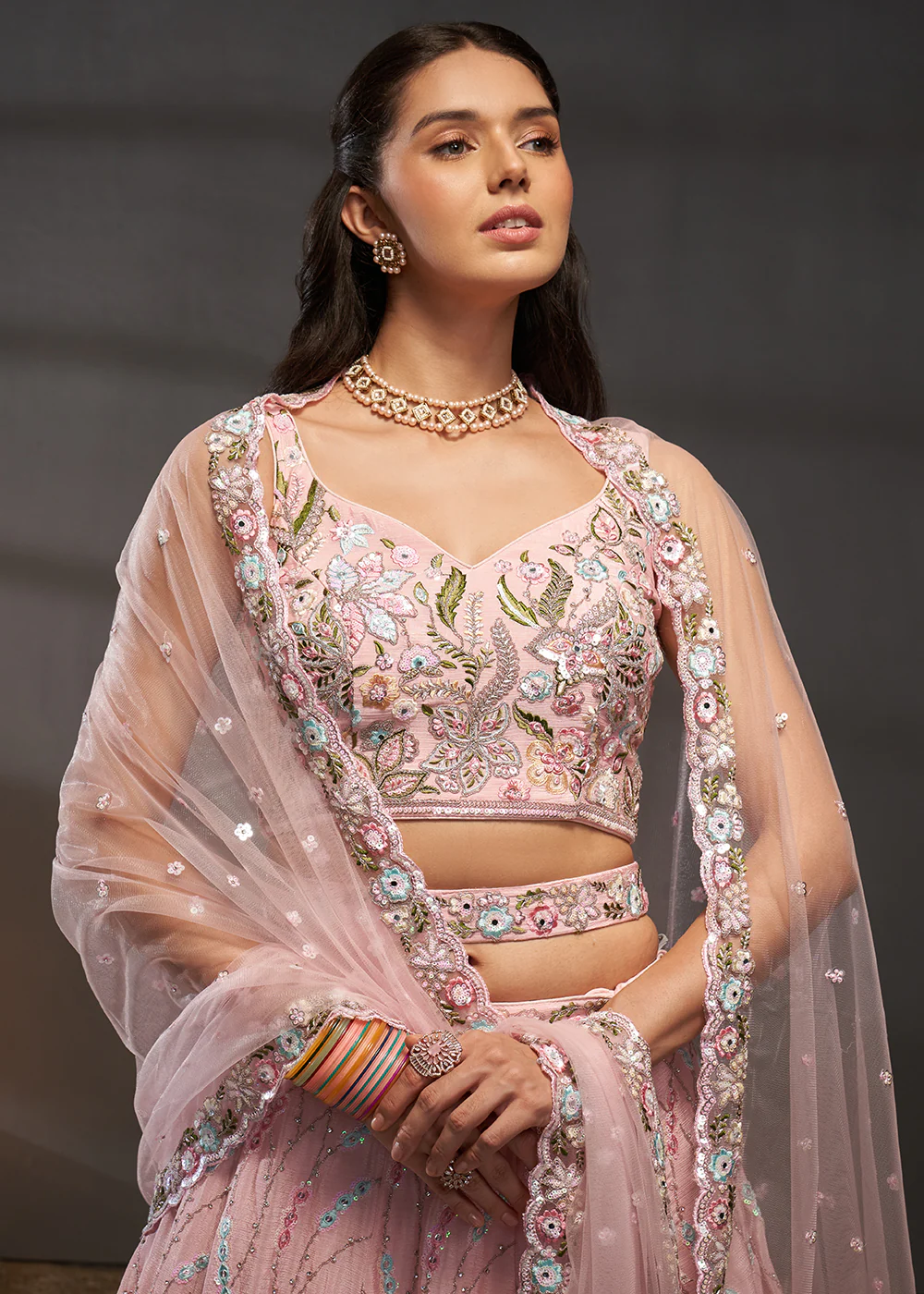 Pink Poly Chiffon Embroidered Bridesmaids Lehenga Choli - Image 2