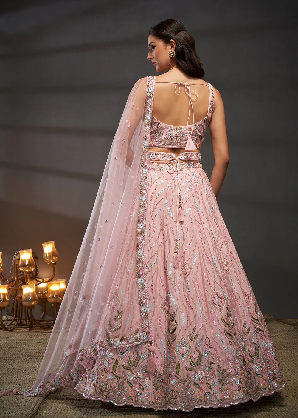 Pink Poly Chiffon Embroidered Bridesmaids Lehenga Choli - Image 3