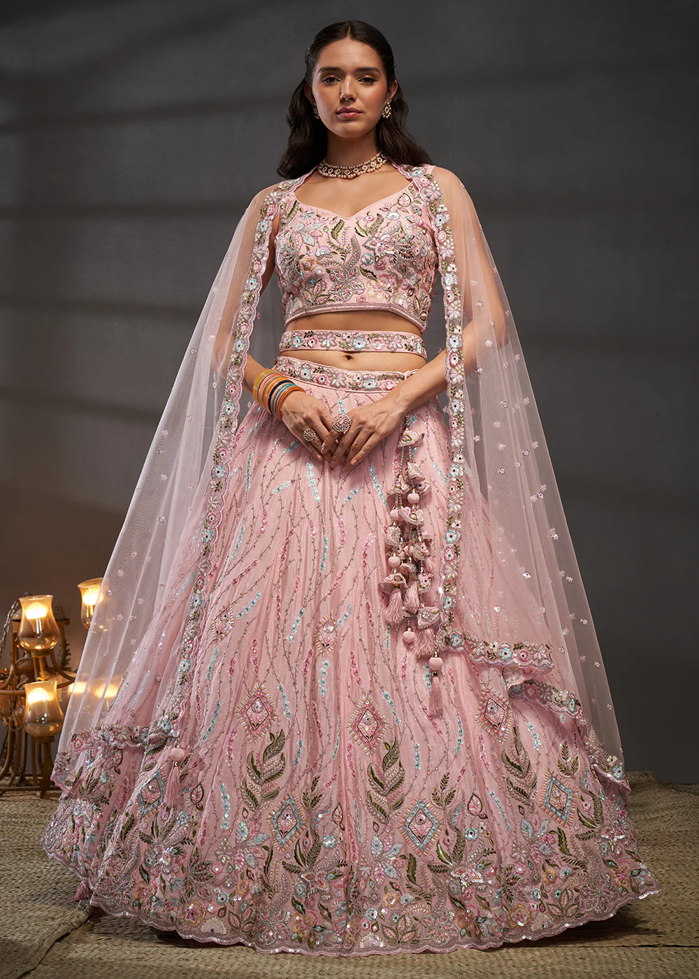 Pink Poly Chiffon Embroidered Bridesmaids Lehenga Choli - Image 4