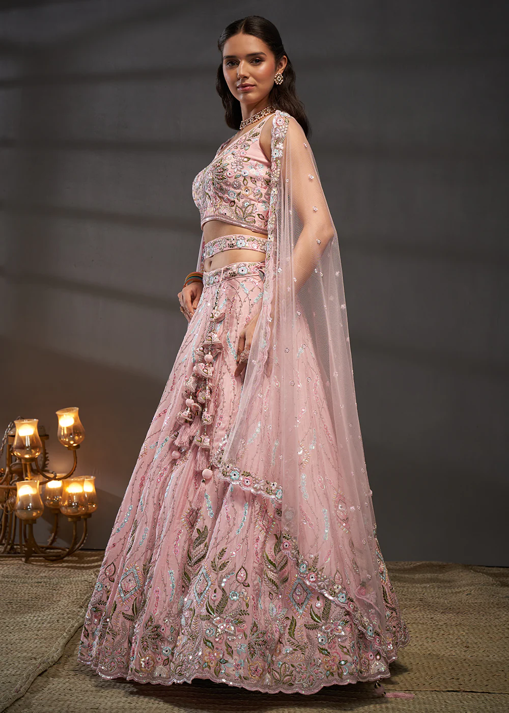 Pink Poly Chiffon Embroidered Bridesmaids Lehenga Choli - Image 5