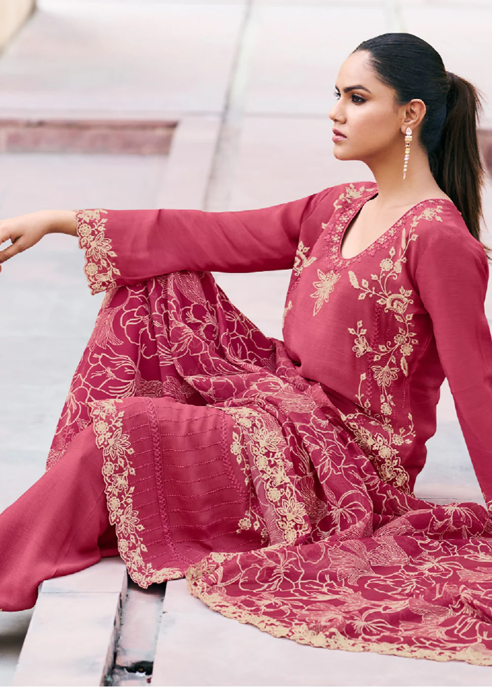 Pink Premium Chinnon Embroidered Palazzo Style Suit - Image 3