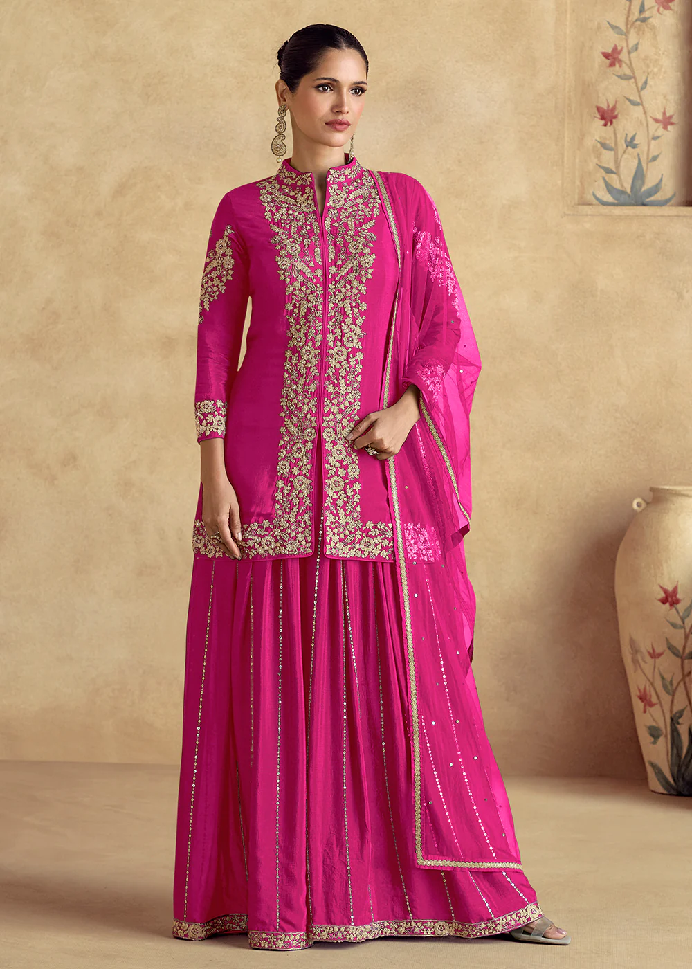Pink Premium Chinnon Silk Festive Sharara Style Suit