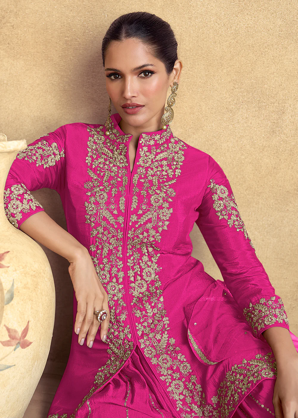 Pink Premium Chinnon Silk Festive Sharara Style Suit - Image 2