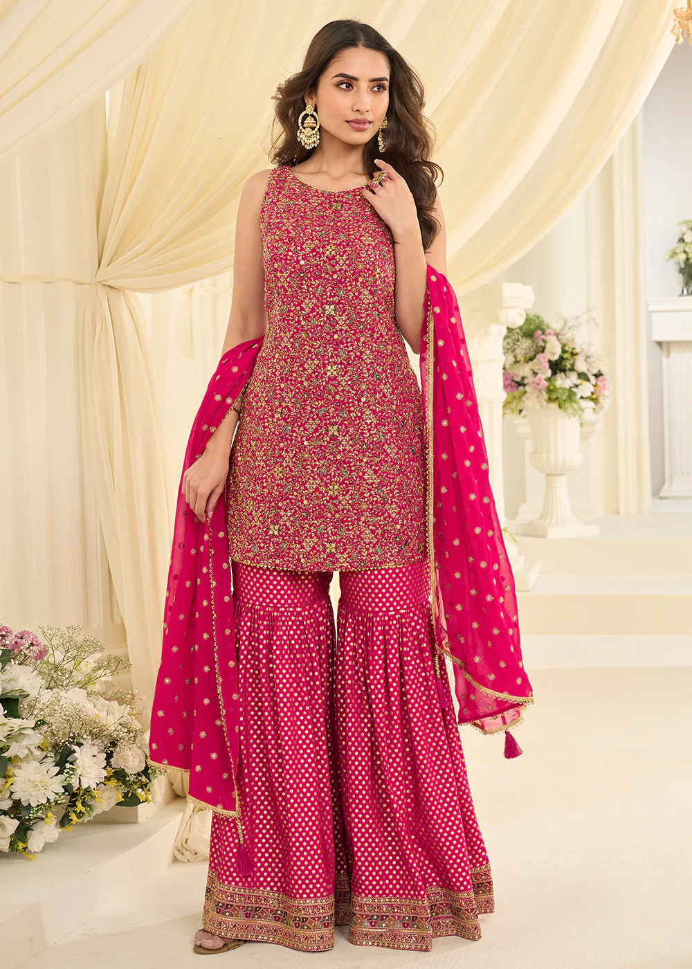 Pink Premium Georgette Swarovski Zarkan Gharara Suit