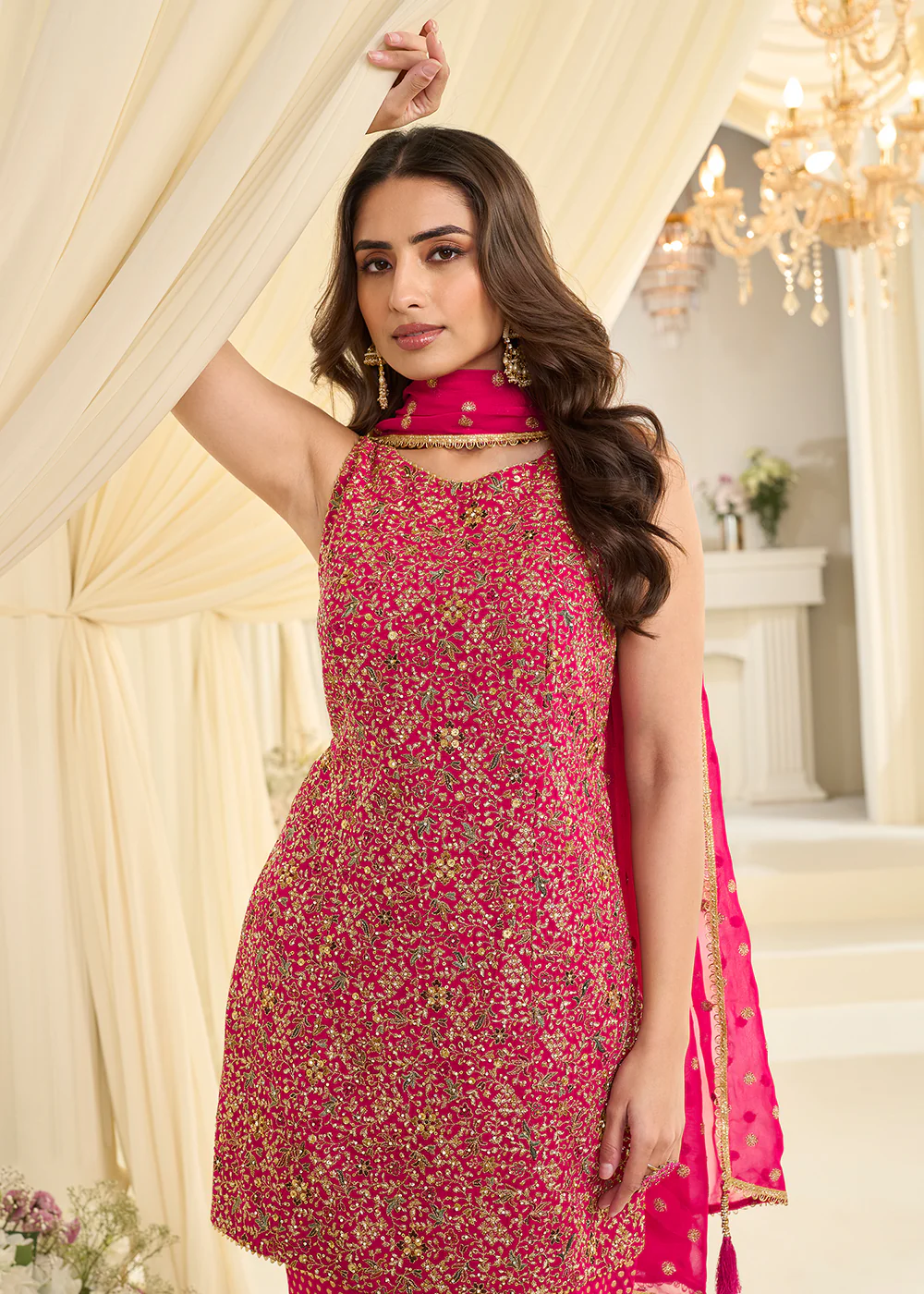 Pink Premium Georgette Swarovski Zarkan Gharara Suit - Image 2