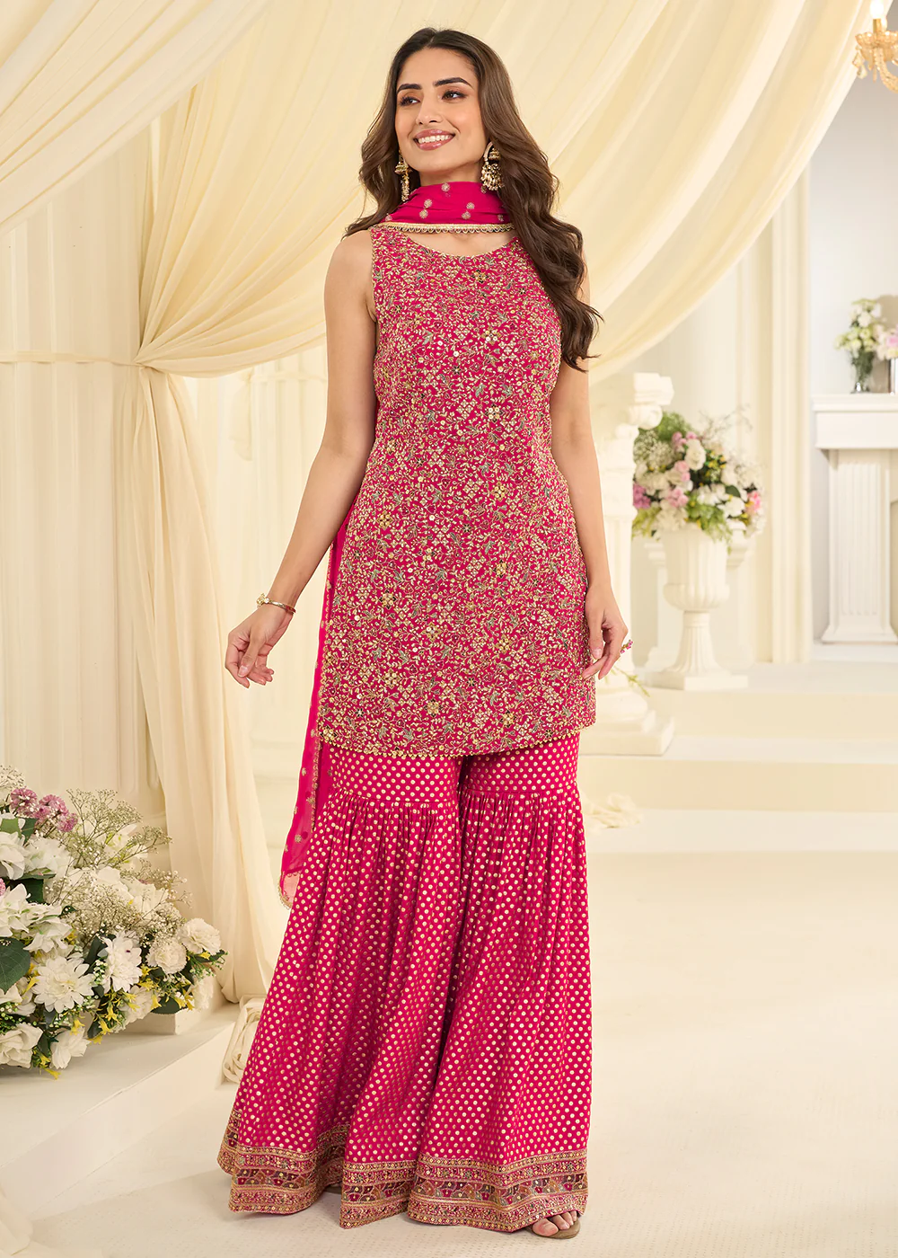 Pink Premium Georgette Swarovski Zarkan Gharara Suit - Image 3