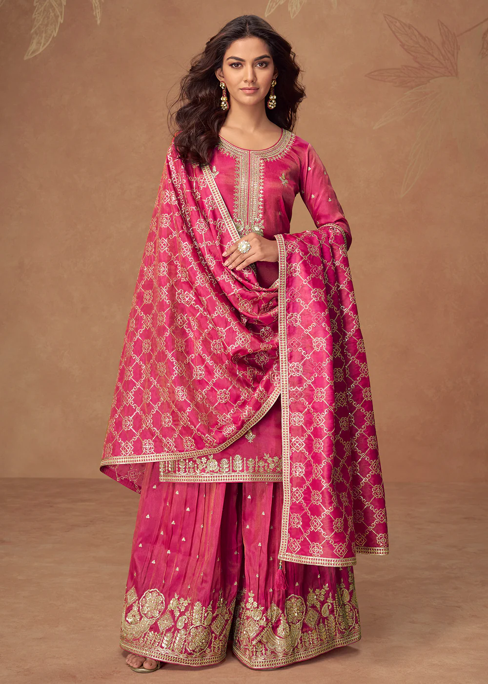 Pink Premium Shimmer Silk Palazzo Style Suit