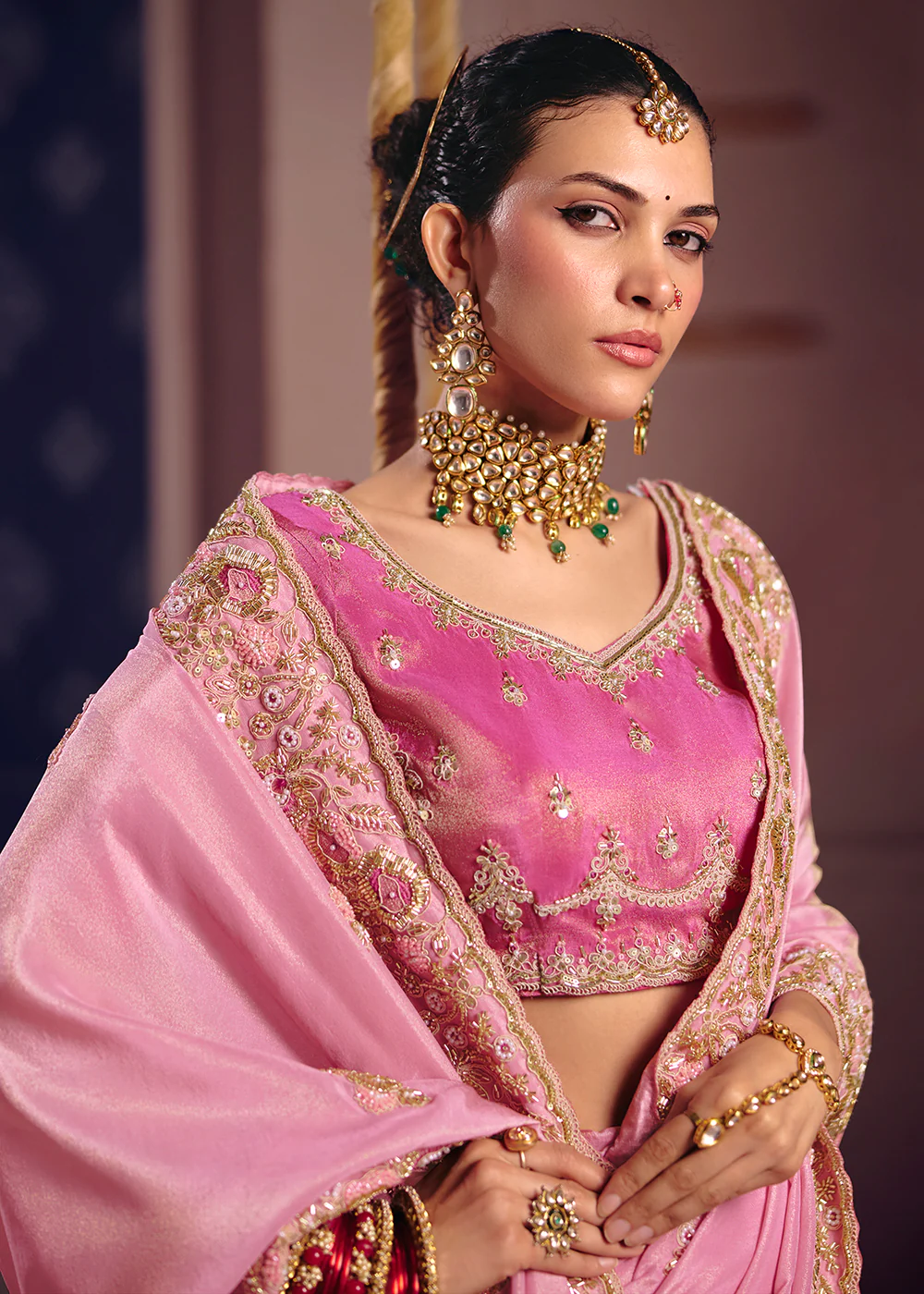 Pink Premium Tissue Zari Embroidered Designer Saree - Image 2