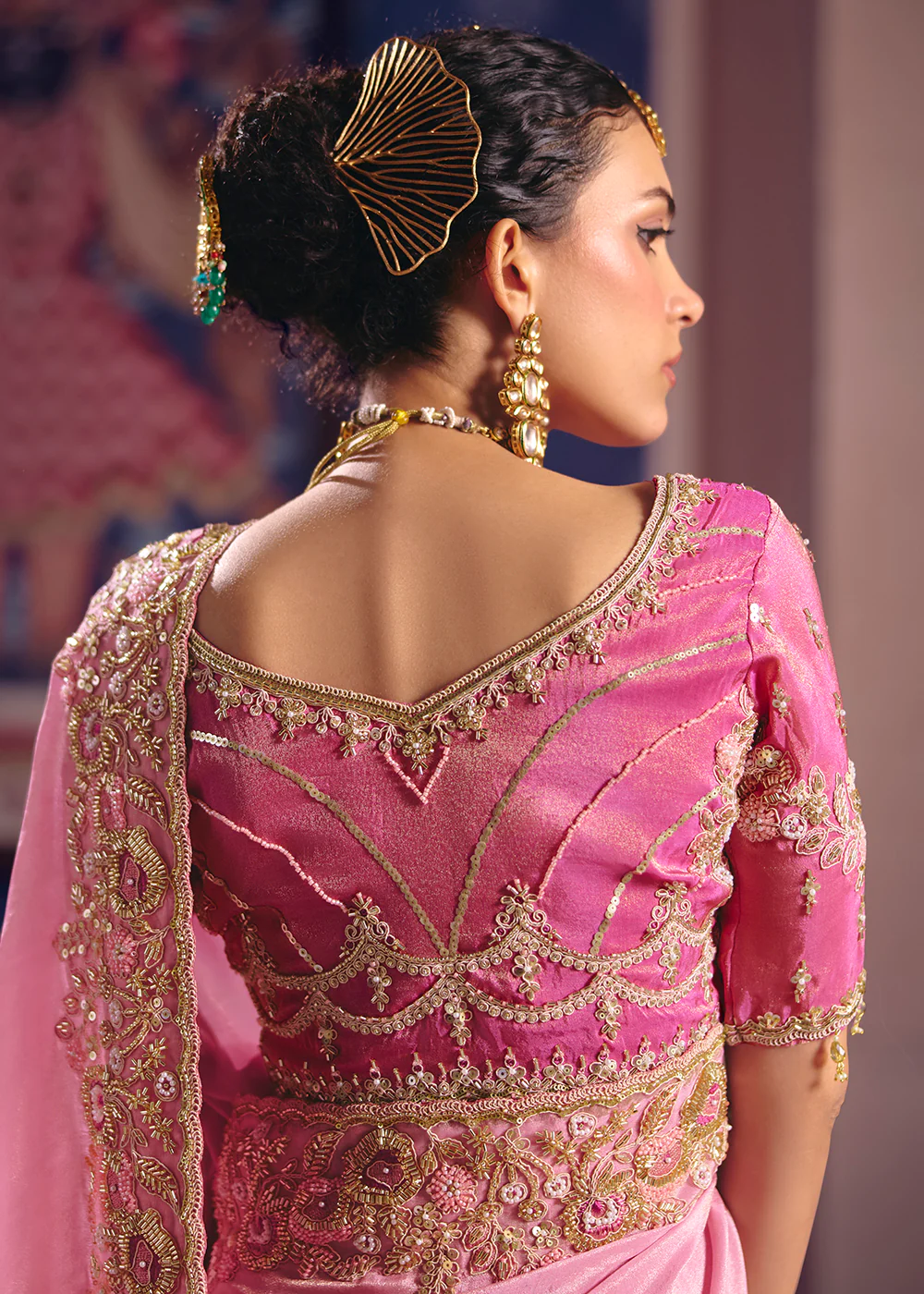 Pink Premium Tissue Zari Embroidered Designer Saree - Image 3