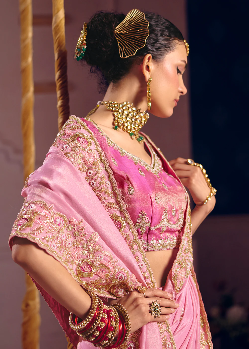 Pink Premium Tissue Zari Embroidered Designer Saree - Image 4