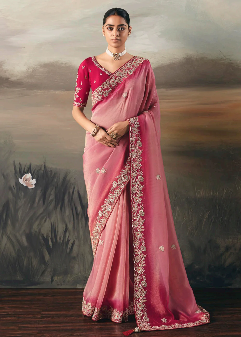 Pink Premium Tissue Zari Fabric Designer Saree