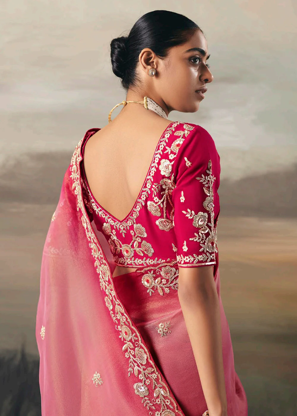 Pink Premium Tissue Zari Fabric Designer Saree - Image 3