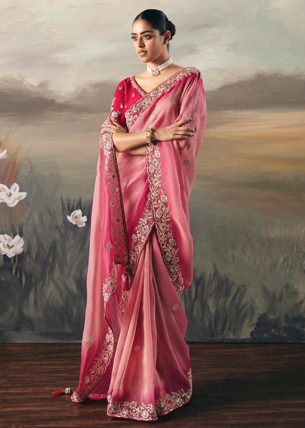Pink Premium Tissue Zari Fabric Designer Saree - Image 4