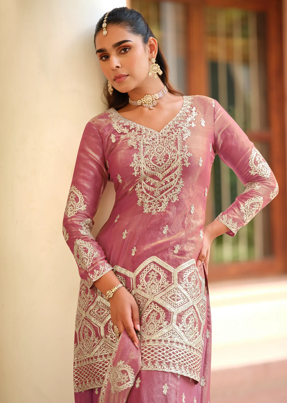 Pink Premium Tora Silk Embroidered Palazzo Suit - Image 2