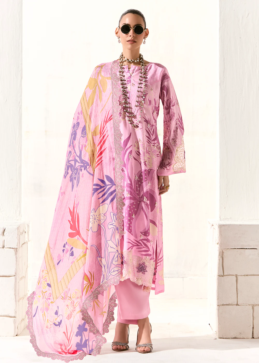 Pink Printed & Embroidered Muslin Salwar Suit