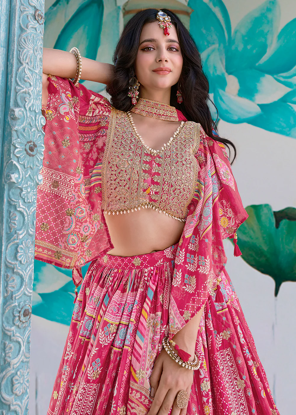 Pink Printed & Zari Dori Embroidered Lehenga Choli - Image 2