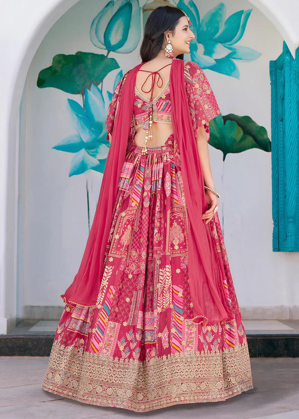 Pink Printed & Zari Dori Embroidered Lehenga Choli - Image 3