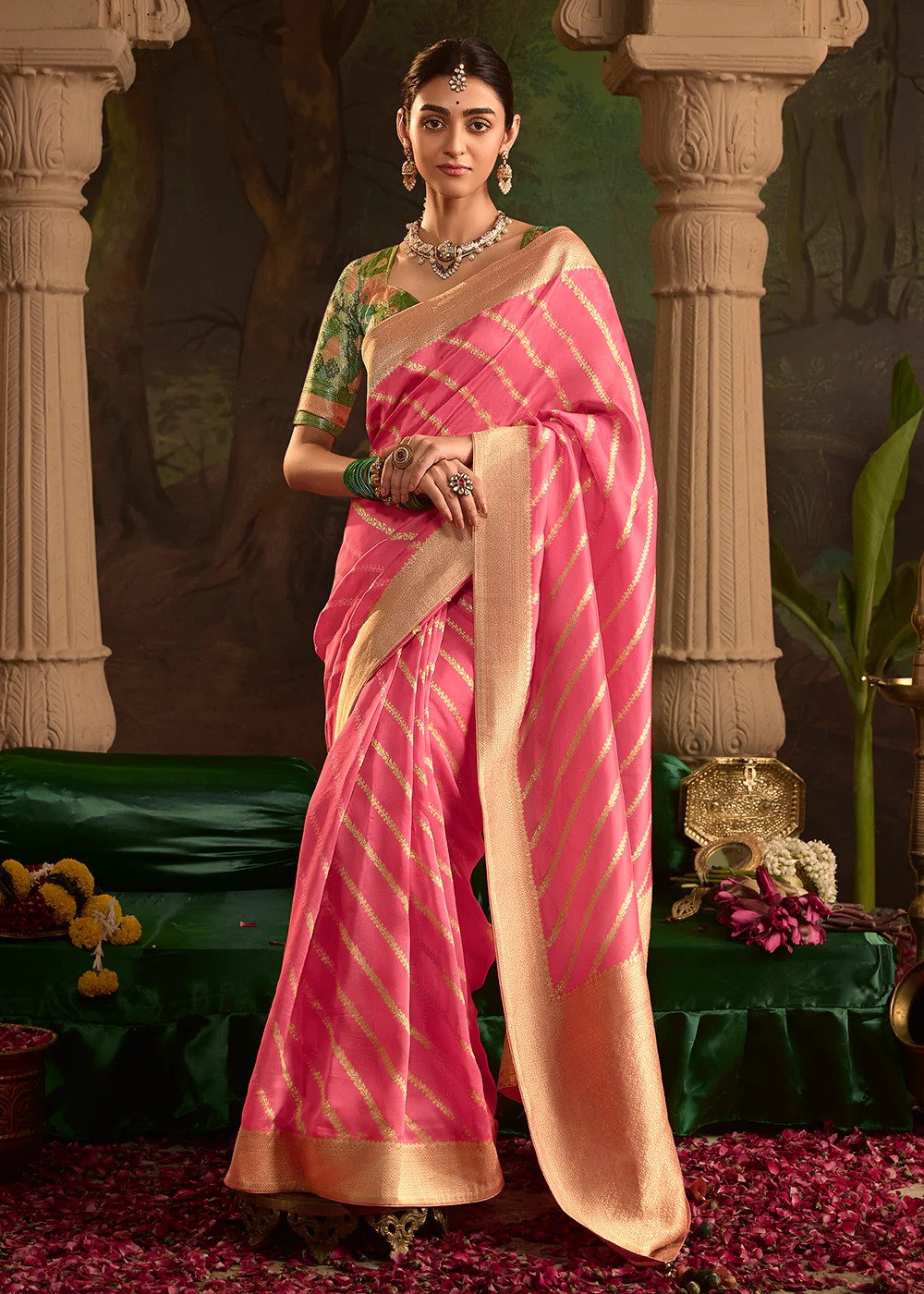 Pink Pure Crepe Dola Silk Wedding Festive Saree